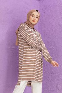 Modalamelif Çizgili Kapşonlu Tunik Vizonrengi