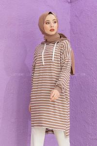 Modalamelif Çizgili Kapşonlu Tunik Vizonrengi
