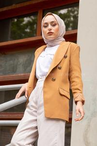 Modalamelif Önü Düğmeli Blazer Ceket Camel