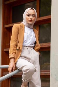 Modalamelif Önü Düğmeli Blazer Ceket Camel