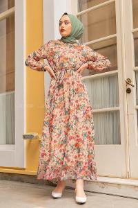 Modalamelif Çiçek Desenli Şifon Elbise Bej