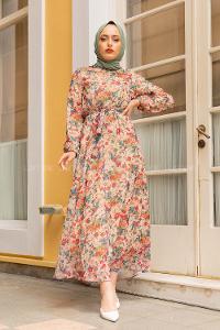 Modalamelif Çiçek Desenli Şifon Elbise Bej