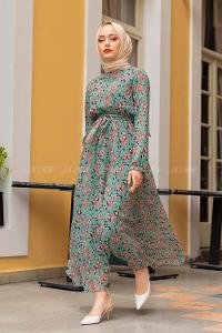 Modalamelif Çiçek Desenli Şifon Elbise Pastel Yeşili