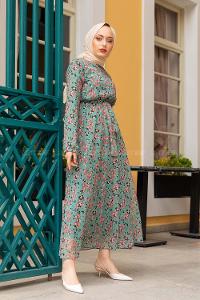 Modalamelif Çiçek Desenli Şifon Elbise Pastel Yeşili