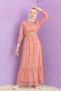 Modalamelif Hasır Kemerli Raşel Elbise Gül