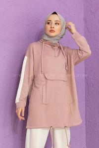 Modalamelif Kanguru Cepli Yaka Fermuarlı Corona Sweat Pudra