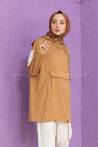 Modalamelif Kanguru Cepli Yaka Fermuarlı Sweat Sütlü Kahve