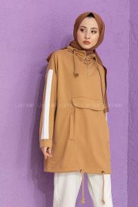 Modalamelif Kanguru Cepli Yaka Fermuarlı Sweat Sütlü Kahve