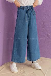 Modalamelif Kuşaklı Bol Paça Pantolon Kot Mavisi