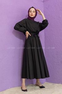 Modalamelif Kol Lastik Kuşaklı Elbise Siyah