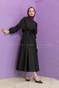 Modalamelif Kol Lastik Kuşaklı Elbise Siyah