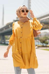 Modalamelif Önü Tahta Düğmeli Tunik Hardal Sarısı