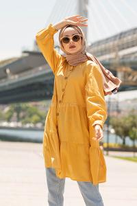 Modalamelif Önü Tahta Düğmeli Tunik Hardal Sarısı