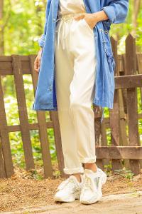 Modalamelif Beli Lastikli Pantolon Beyaz