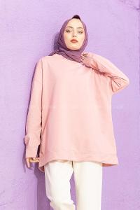Modalamelif Düşük Kol Düz Renk Sweat Pudra