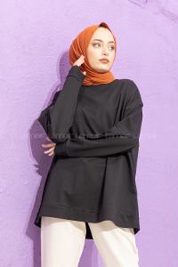 Modalamelif Düşük Kol Düz Renk Sweat Siyah