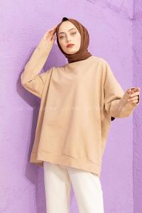 Modalamelif Düşük Kol Düz Renk Sweat Sütlü Kahve