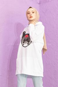 Modalamelif Karikatür Baskılı Sweatshirt Beyaz