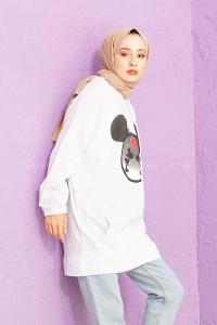 Modalamelif Karikatür Baskılı Sweatshirt Beyaz