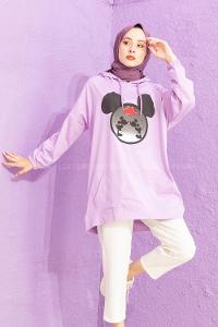 Modalamelif Karikatür Baskılı Sweatshirt Lila