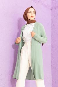 Modalamelif Kol Katlı Krep Uzun Hırka Çağla Yeşili