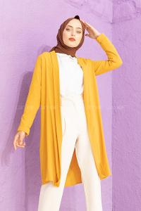 Modalamelif Kol Katlı Krep Uzun Hırka Hardal Sarısı
