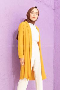 Modalamelif Kol Katlı Krep Uzun Hırka Hardal Sarısı