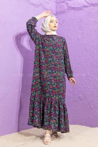 Modalamelif Kol Lastikli Desenli Elbise Fuşya