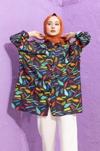 Modalamelif Soyut Desen Gömlek Siyah Mor