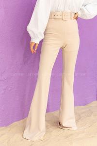 Modalamelif Geniş Kemerli İspanyol Paça Pantolon Krem