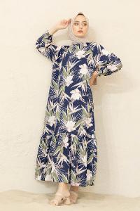 Modalamelif Balon Kol Yaprak Desenli Elbise Lacivert