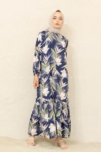 Modalamelif Balon Kol Yaprak Desenli Elbise Lacivert