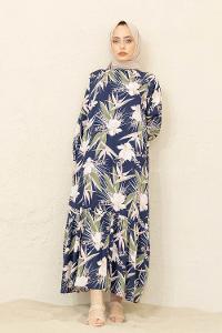 Modalamelif Balon Kol Yaprak Desenli Elbise Lacivert