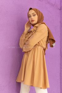 Modalamelif Beli Lastikli Fırfır Dantel Tunik Sütlü Kahve