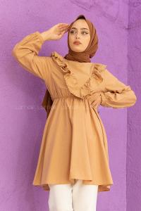 Modalamelif Beli Lastikli Fırfır Dantel Tunik Sütlü Kahve