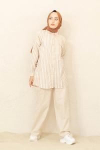 Modalamelif Çizgili İkili Takım Bej