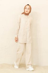 Modalamelif Çizgili İkili Takım Bej