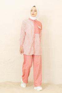 Modalamelif Çizgili İkili Takım Kırmızı