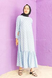 Modalamelif Kol Lastikli Desenli Elbise Açık Mavi