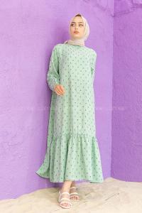 Modalamelif Kol Lastikli Desenli Elbise Çağla