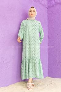 Modalamelif Kol Lastikli Desenli Elbise Çağla