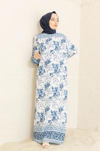 Modalamelif Kol Lastikli Desenli Elbise Ekru Mavi