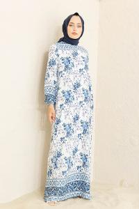 Modalamelif Kol Lastikli Desenli Elbise Ekru Mavi