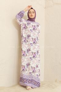 Modalamelif Kol Lastikli Desenli Elbise Mor