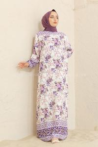 Modalamelif Kol Lastikli Desenli Elbise Mor