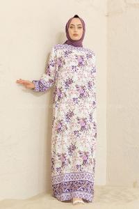 Modalamelif Kol Lastikli Desenli Elbise Mor