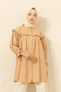 Modalamelif Kol Lastikli Önü Pileli Tunik Sütlü Kahve
