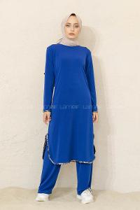 Modalamelif Yırtmaçlı Sandy İkili Takım Saks Mavisi