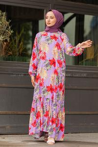 Modalamelif Balon Kol Çiçek Desenli Elbise Lila