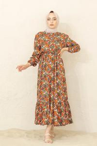 Modalamelif Çiçek Desen Elbise Oranj